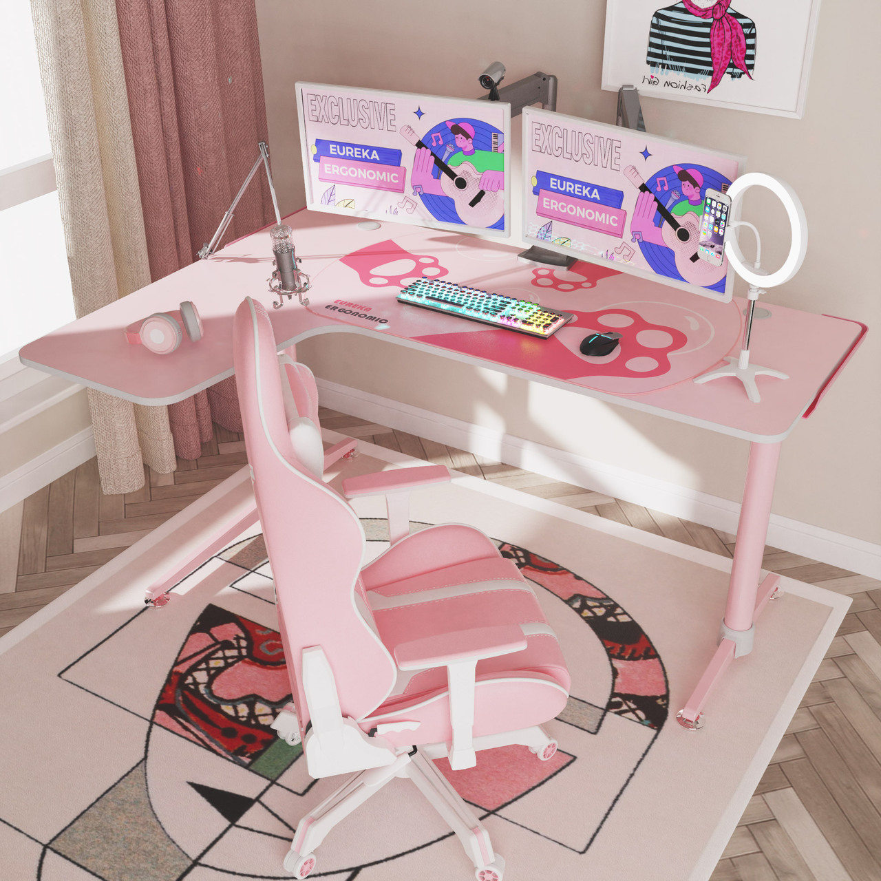 Ergonomic Pink L Shaped Gaming Desk